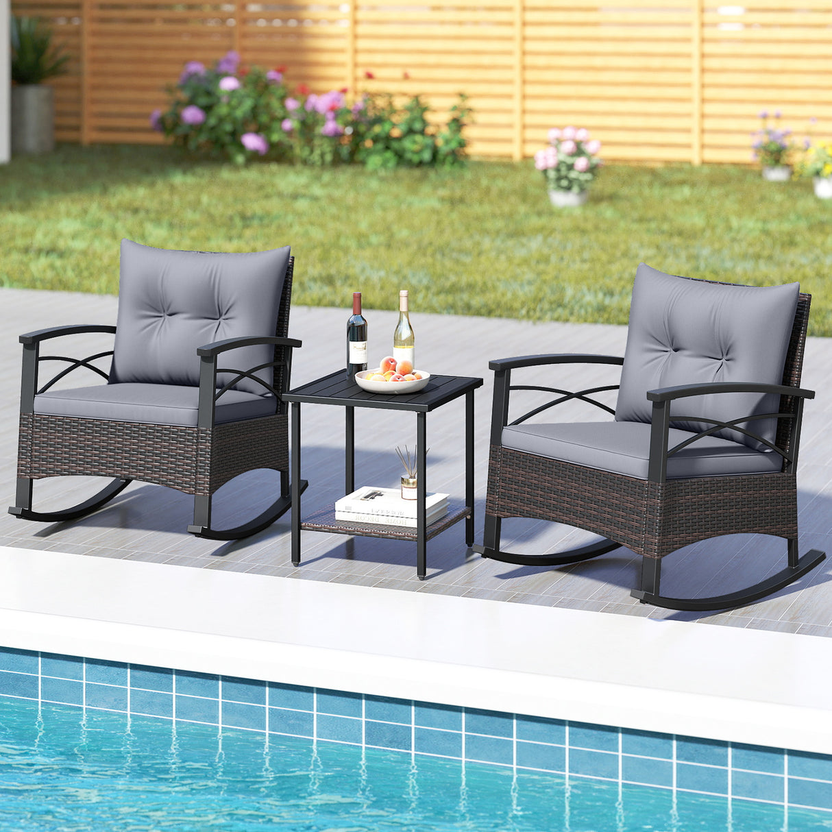 3 Piece Rocking Bistro Set PE Rattan Rocker Chairs with Acacia Wood Top Table-Gray