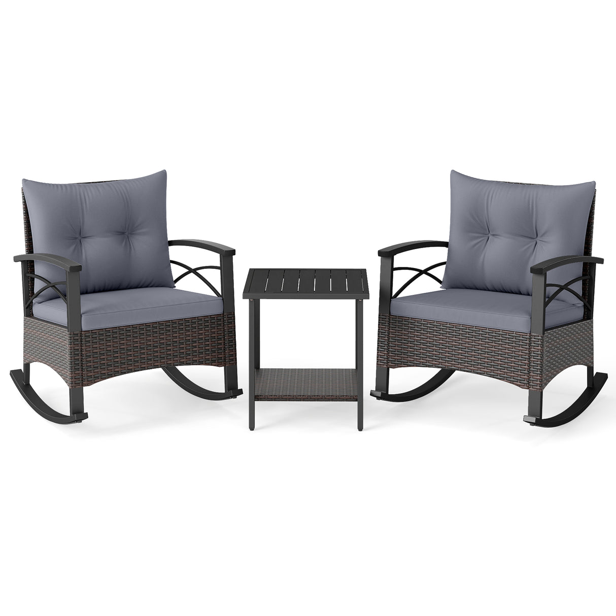 3 Piece Rocking Bistro Set PE Rattan Rocker Chairs with Acacia Wood Top Table-Gray