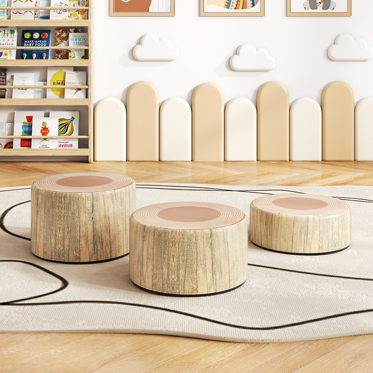 3-Piece Tree Stump Stool Set with Wood Printing Nature Decoration-Natural