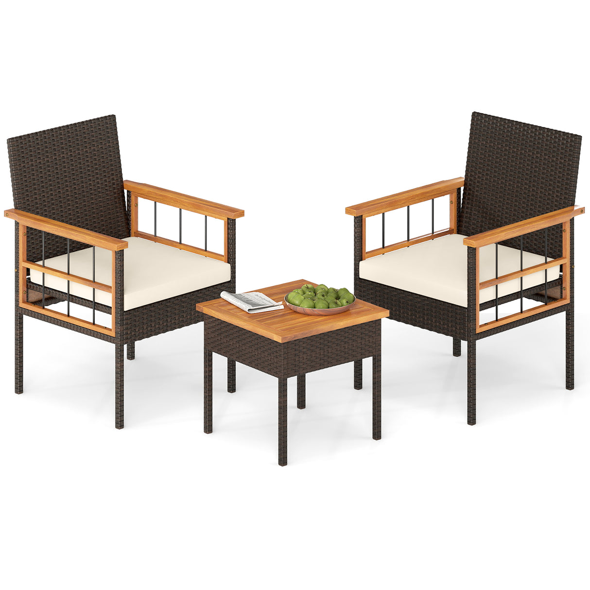3 Piece Wicker Furniture Set with Acacia Wood Tabletop and Armrest for Balcony-White