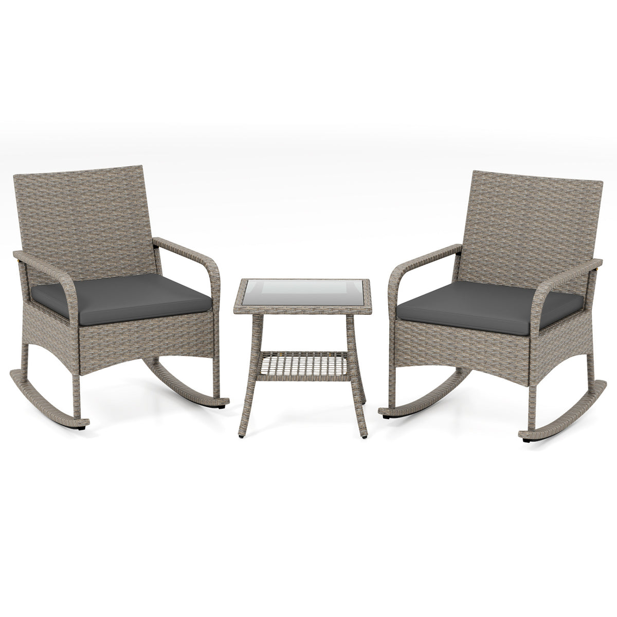 3-Piece Wicker Rocking Bistro Set with Cushions for Garden Backyard Porch-Gray