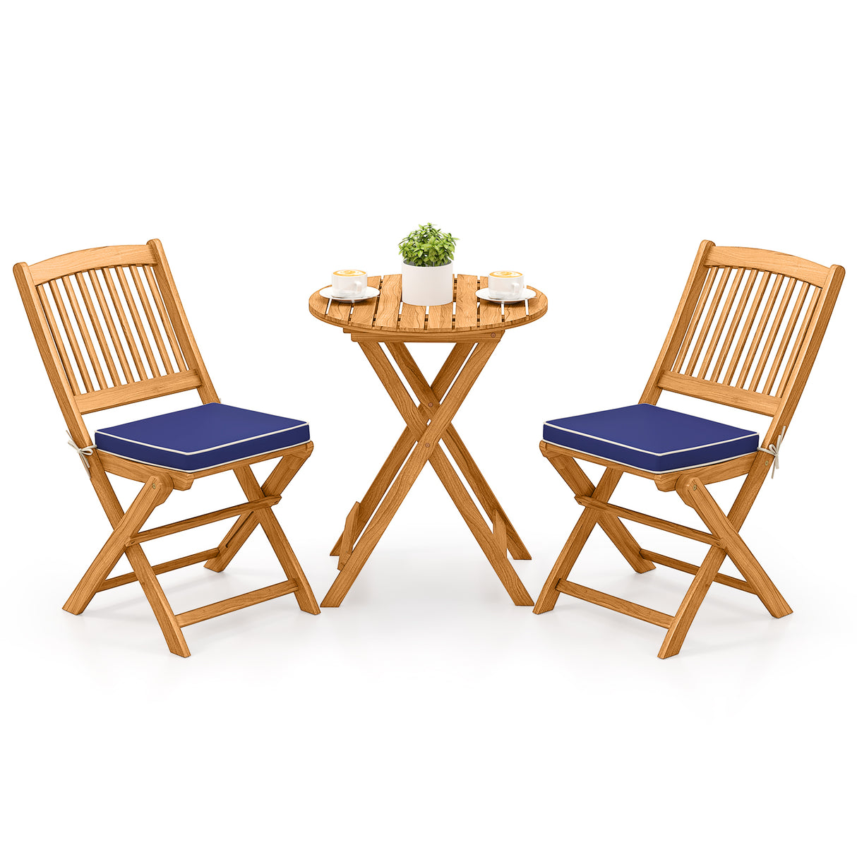 3 Pieces Acacia Wood Patio Folding Bistro Set with Soft Cushions-Navy