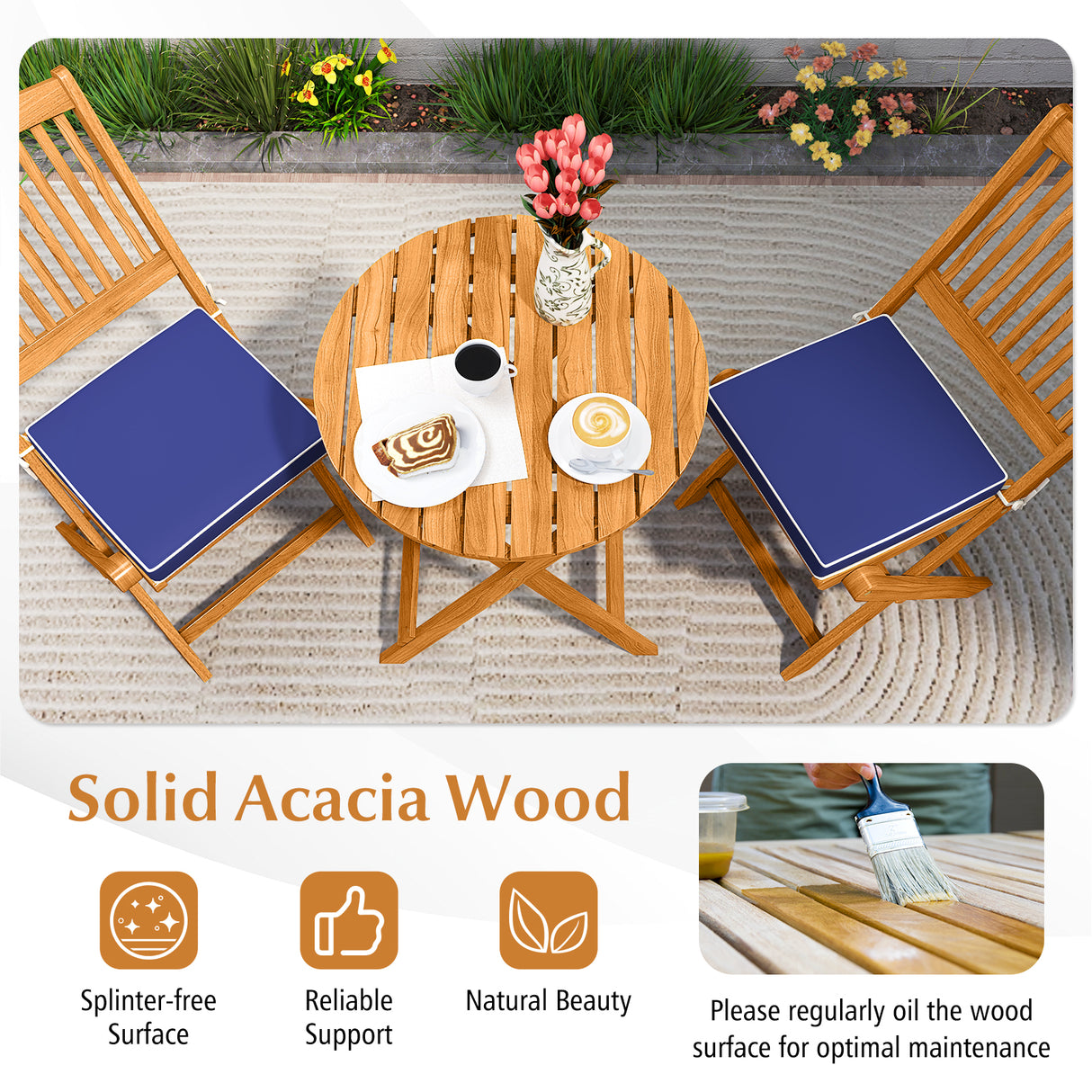 3 Pieces Acacia Wood Patio Folding Bistro Set with Soft Cushions-Navy