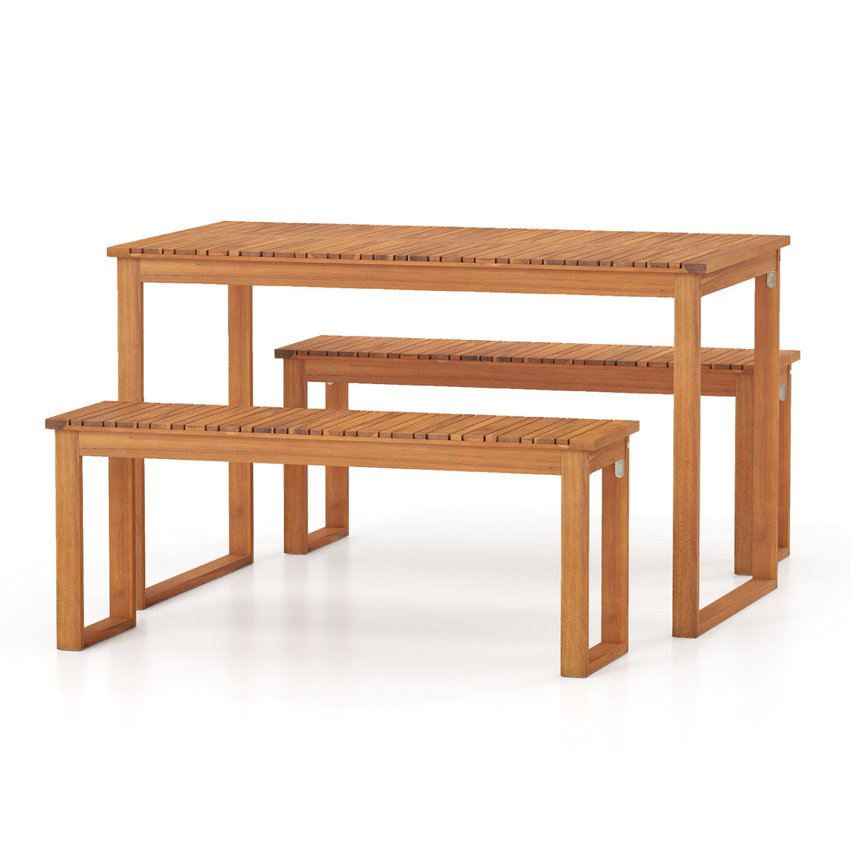 3 Pieces Acacia Wood Picnic Set with Outdoor Dining Table and 2 Benches for 4 People