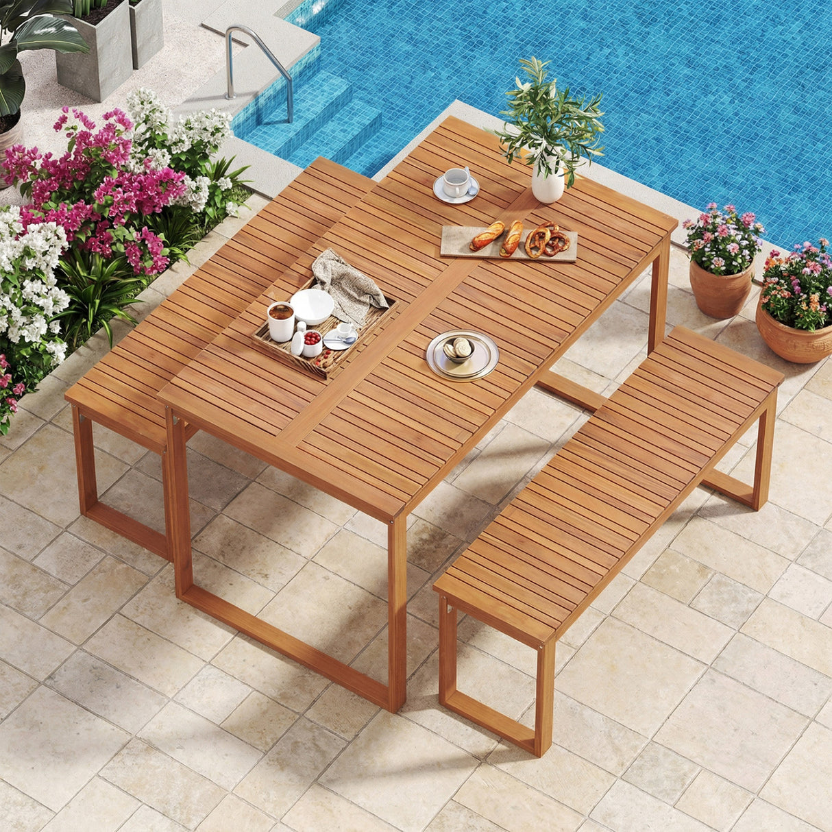 3 Pieces Acacia Wood Picnic Set with Outdoor Dining Table and 2 Benches for 4 People