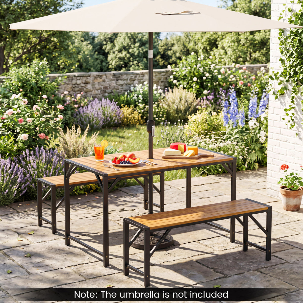 51" Acacia Wood Dining Table with Umbrella Hole & Metal Support for Garden
