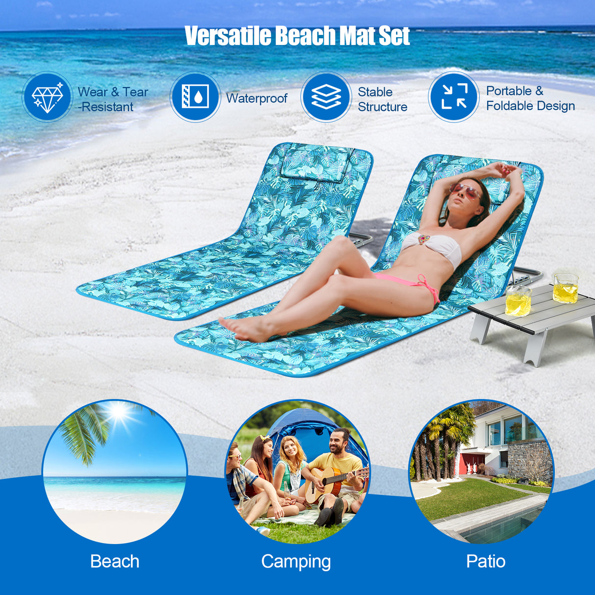 3 Pieces Beach Lounge Chair Mat Set 2 Adjustable Lounge Chairs with Table Stripe-Green