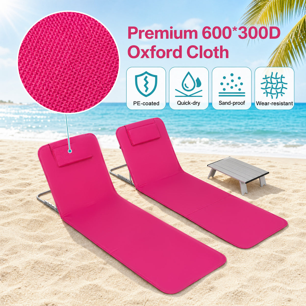 3 Pieces Beach Lounge Chair Mat Set 2 Adjustable Lounge Chairs with Table Stripe-Pink