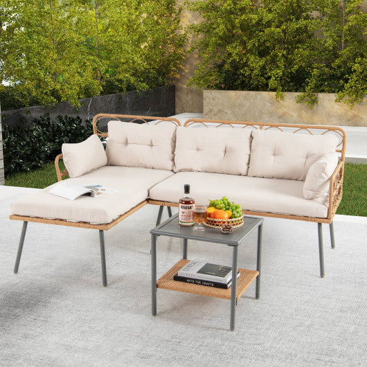 3 Pieces Corner Patio Furniture with Small Coffee Table-Beige