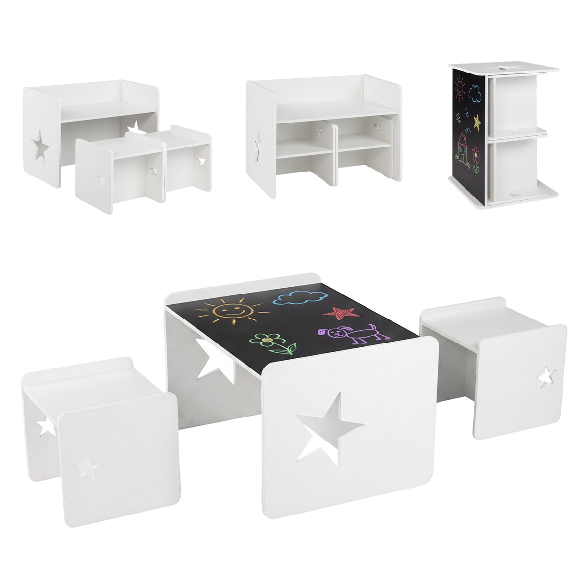 3 Pieces Kids Table and Chair Set Space-saving Toddler Table and 2 Chairs-White