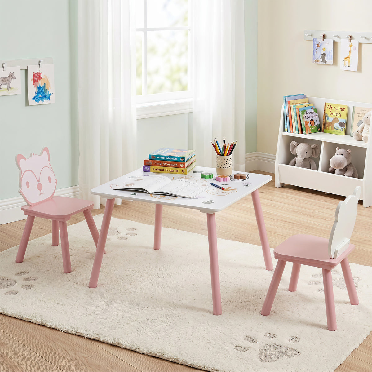 3 Pieces Kids Table and Chairs Set with Animal Patterns for Kids
