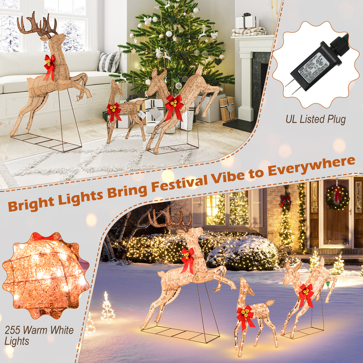 3 Pieces Lighted Christmas Reindeer Family Set with 255 Lights-Golden