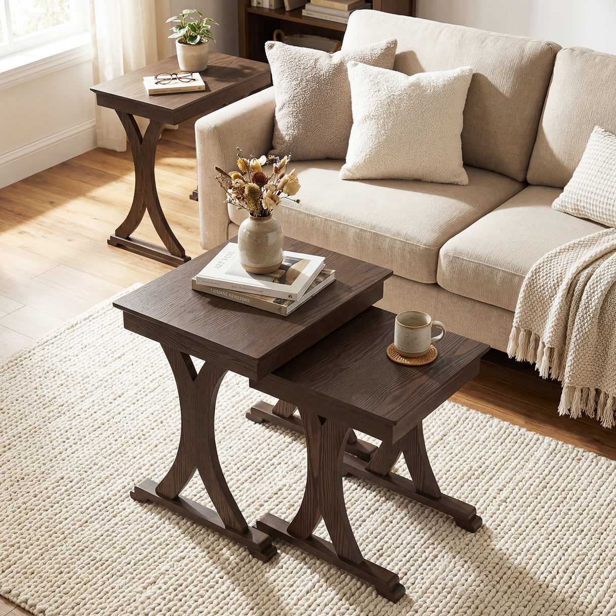 3 Pieces Nesting Coffee Table Side Table with Solid Rubber Wood Legs-Brown