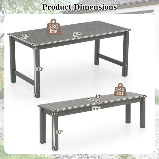 3 Pieces Outdoor Dining Table Set with 2 Benches-Gray