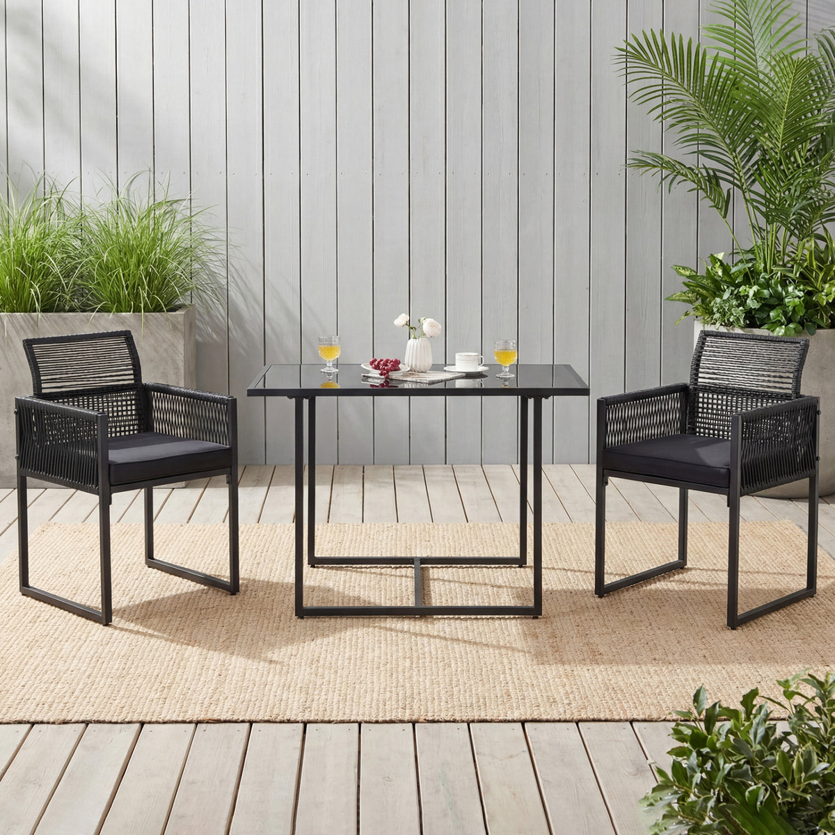 3 Pieces Outdoor Dining Set with Folding Backrest and Seat Cushion-Black