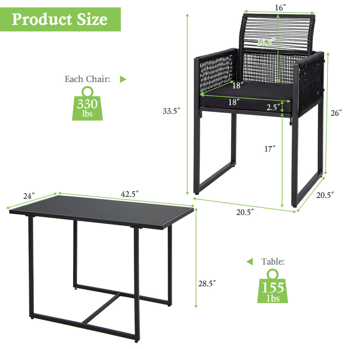 3 Pieces Outdoor Dining Set with Folding Backrest and Seat Cushion-Black