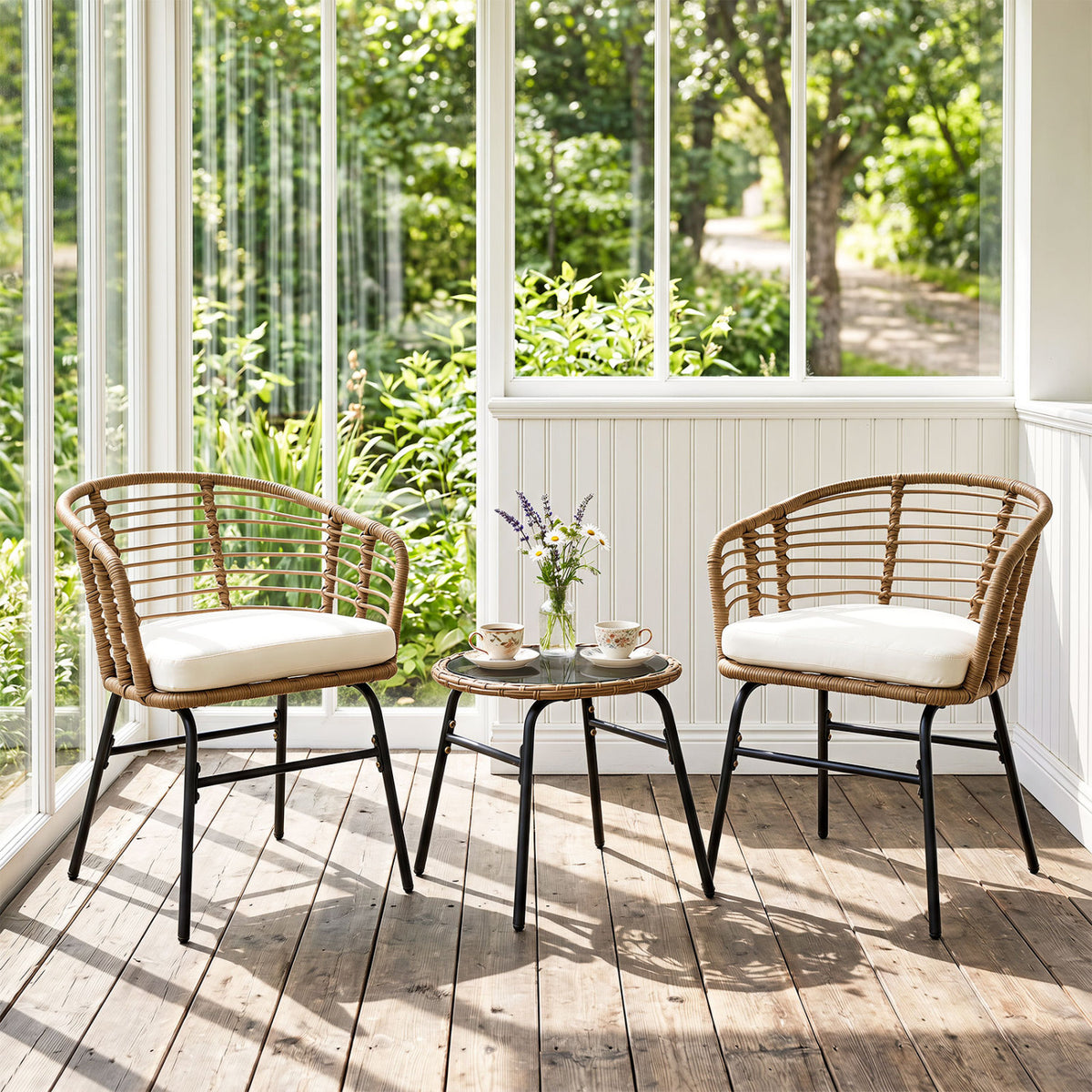 3 Pieces Outdoor Patio Furniture Set with Soft Cushions-White
