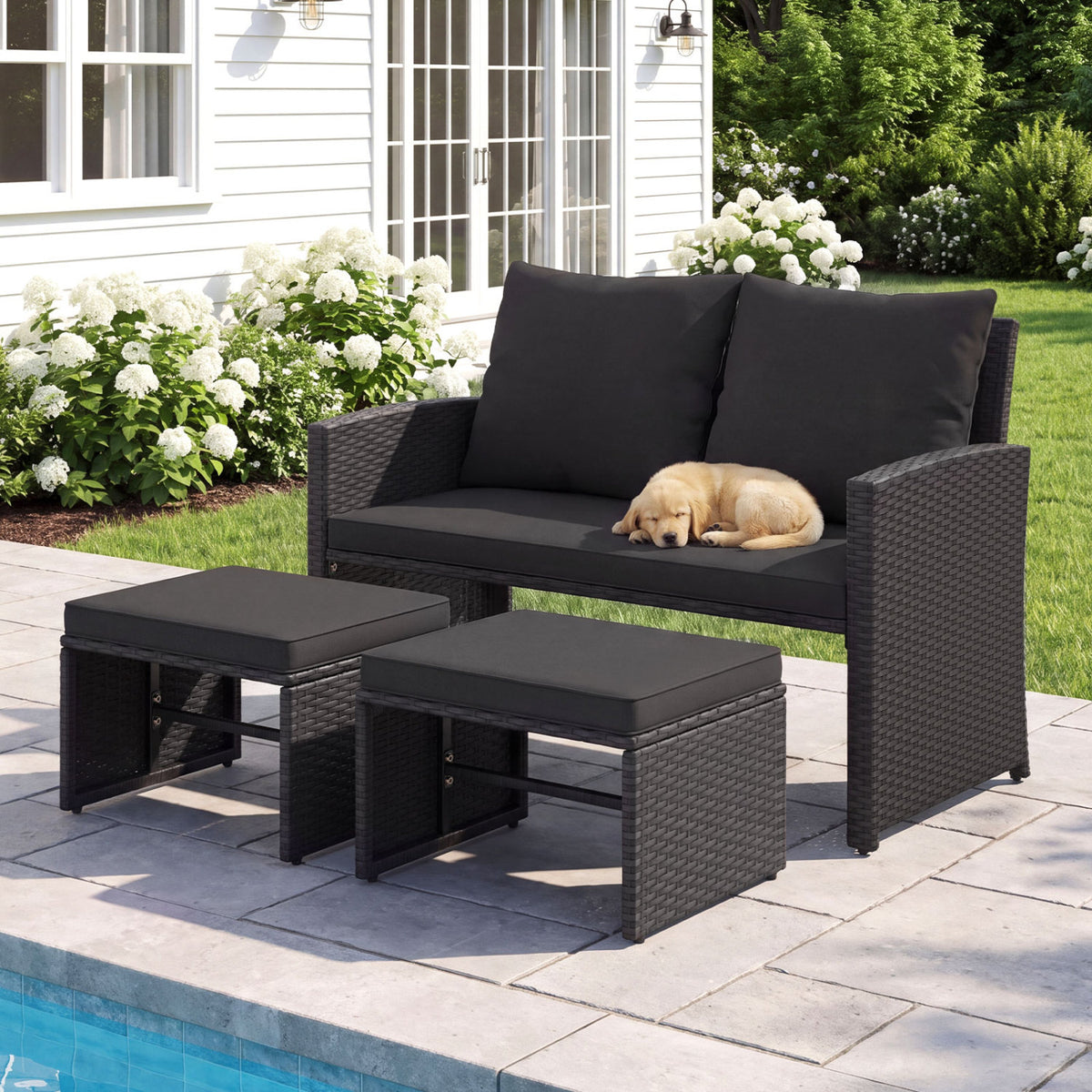 3 Pieces Outdoor Patio PE Wicker Furniture Set with Cushions-Black color