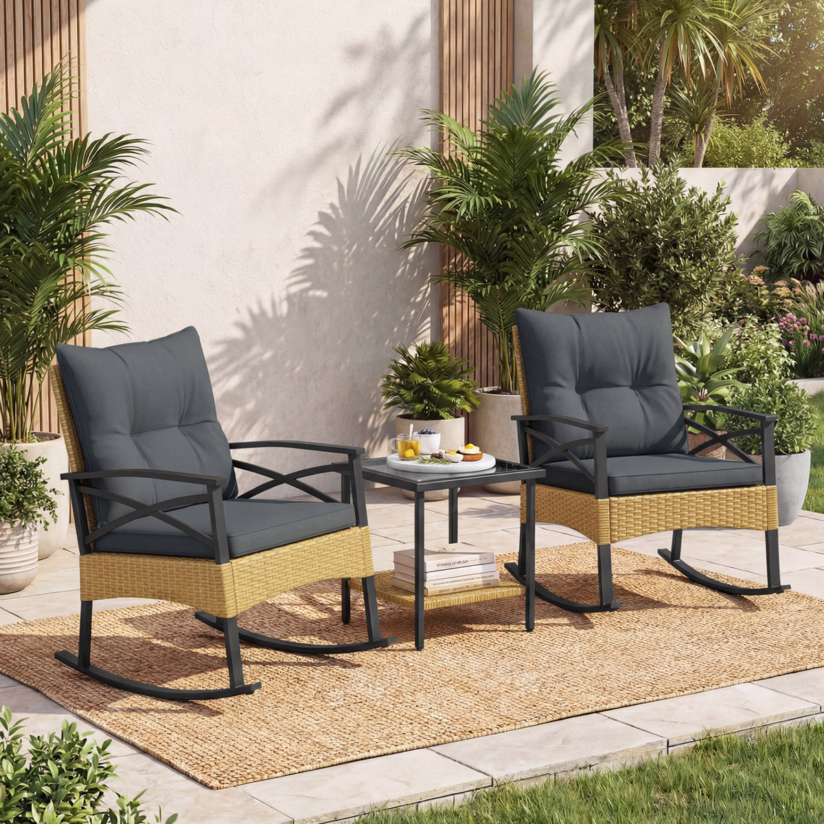 3 Pieces Outdoor Rattan Rocking Chairs Set with 2-Tier Side Table for Garden Backyard-Gray