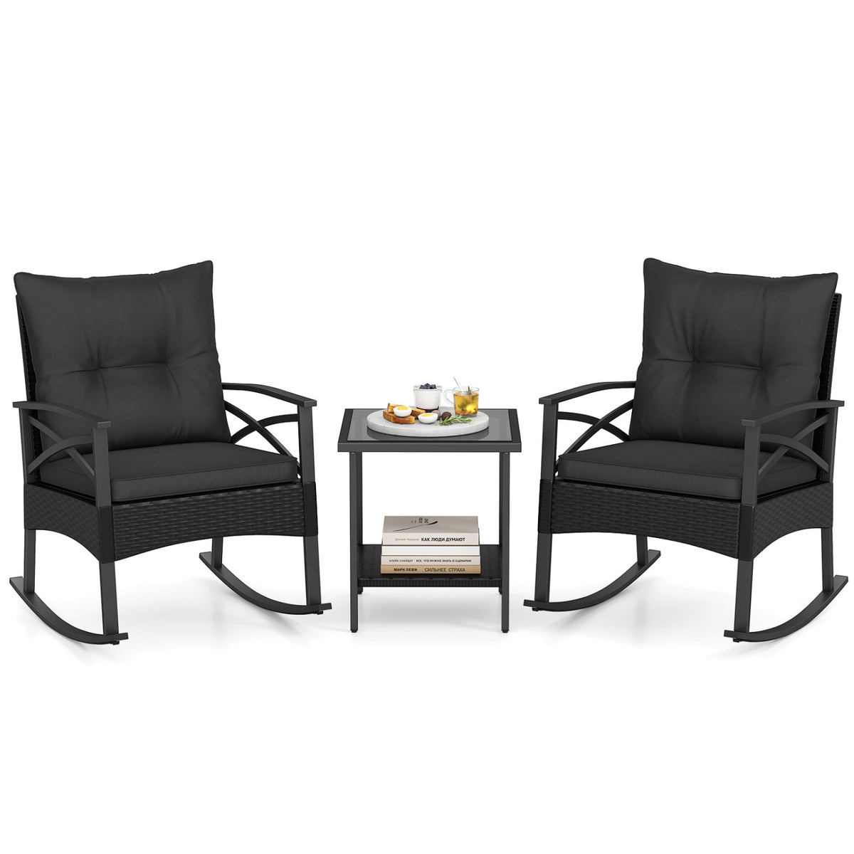 3 Pieces Outdoor Rattan Rocking Chairs Set with 2-Tier Side Table for Garden Backyard-Black