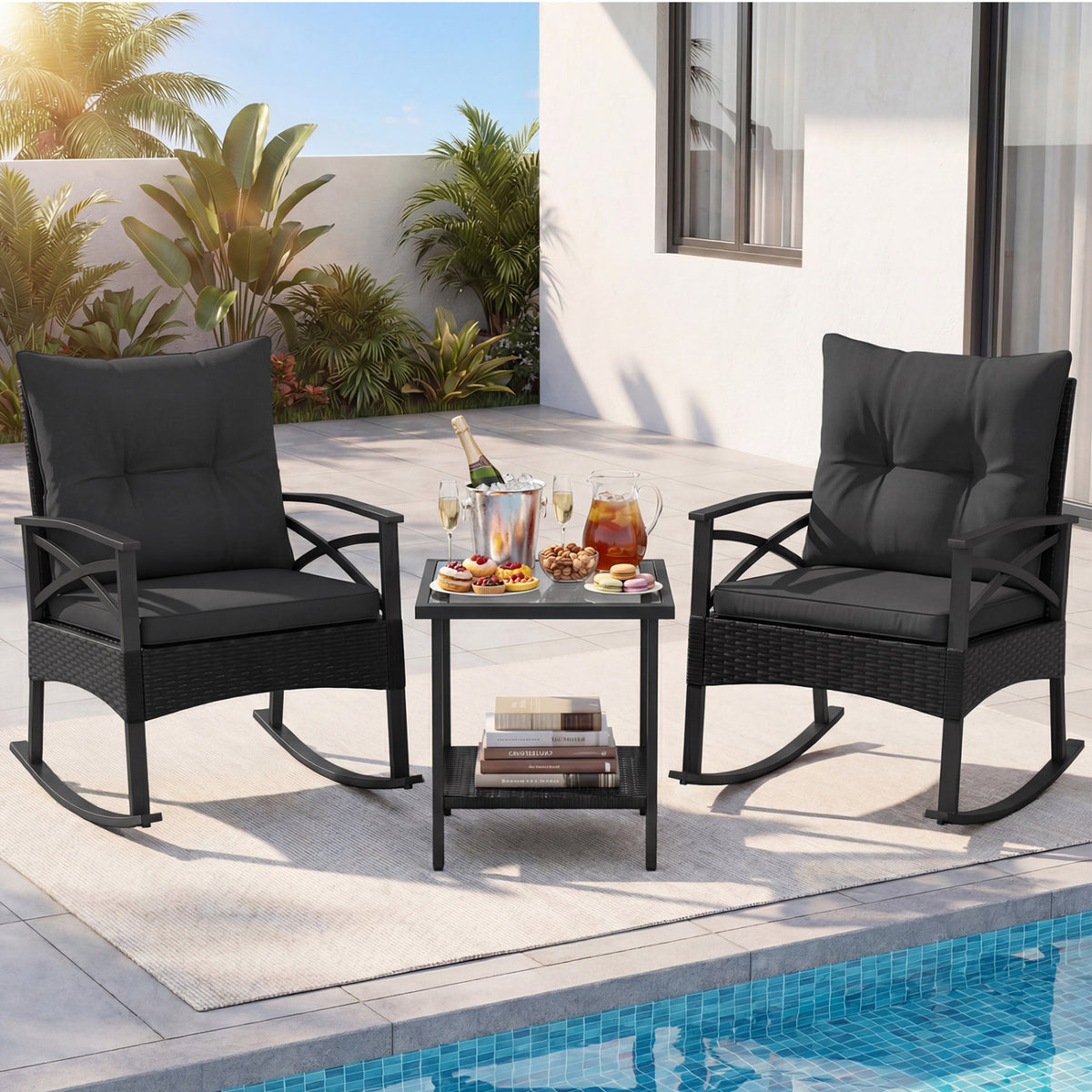3 Pieces Outdoor Rattan Rocking Chairs Set with 2-Tier Side Table for Garden Backyard-Black