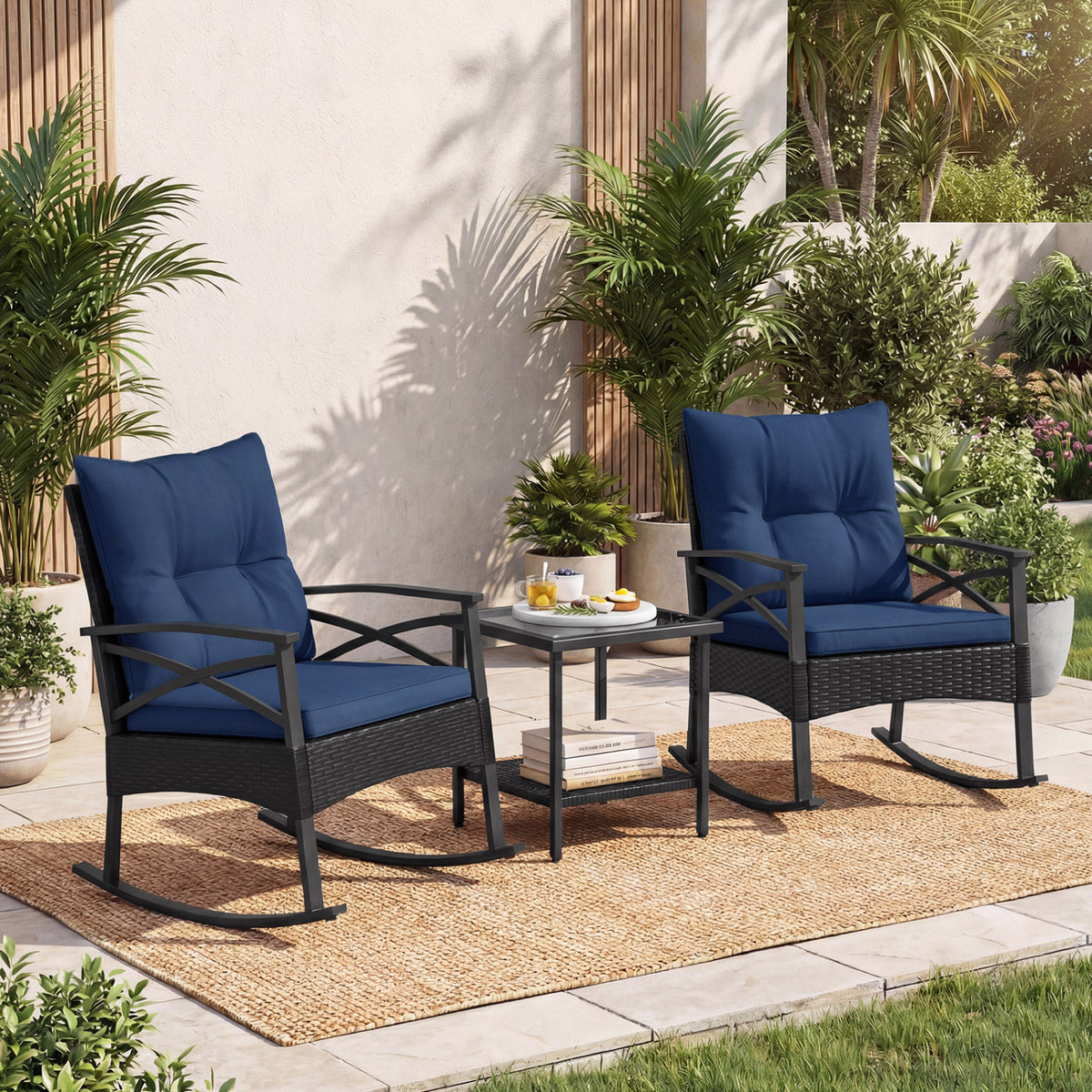 3 Pieces Outdoor Rattan Rocking Chairs Set with 2-Tier Side Table for Garden Backyard-Navy