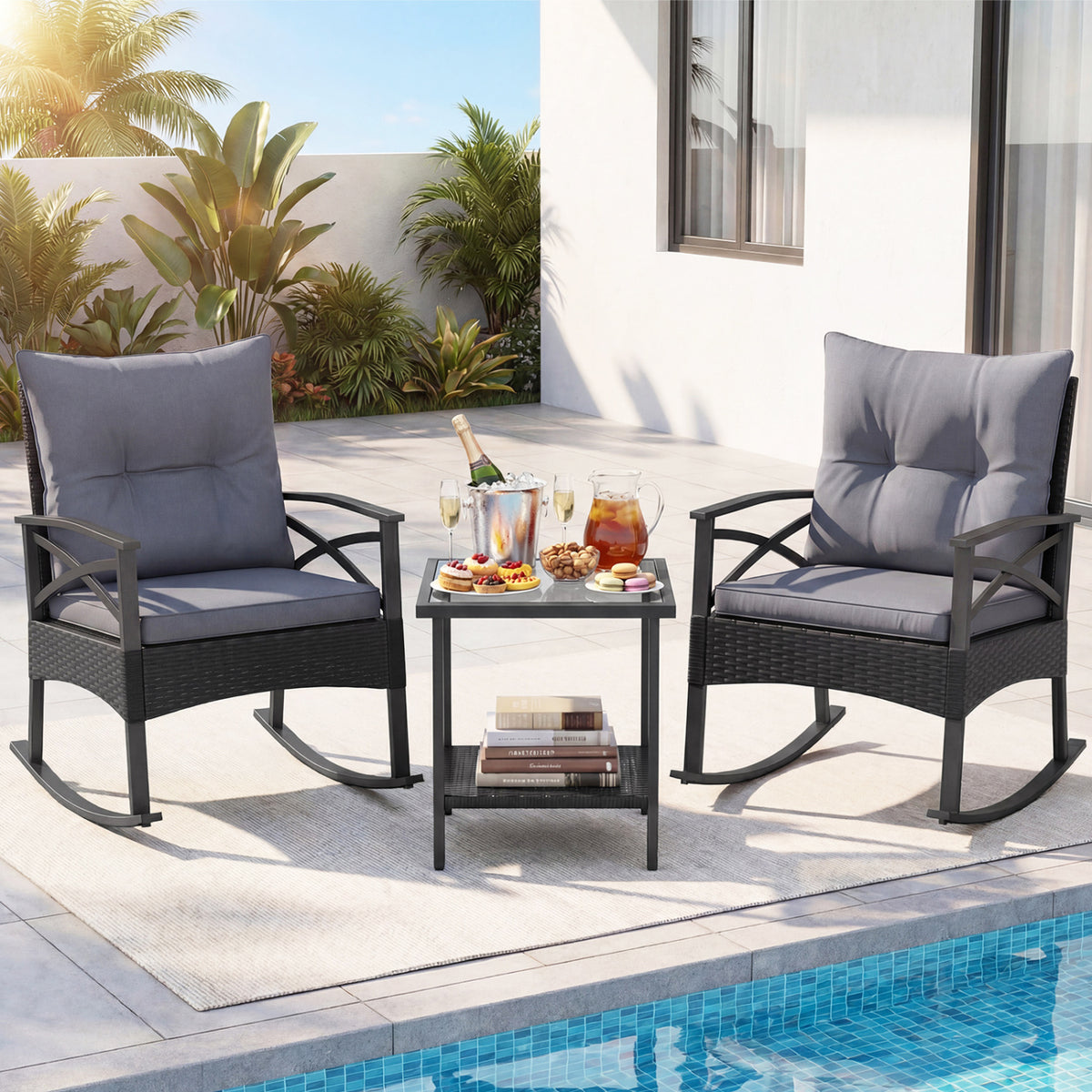 3 Pieces Outdoor Rattan Rocking Chairs Set with 2-Tier Side Table for Garden Backyard-Black and Gray