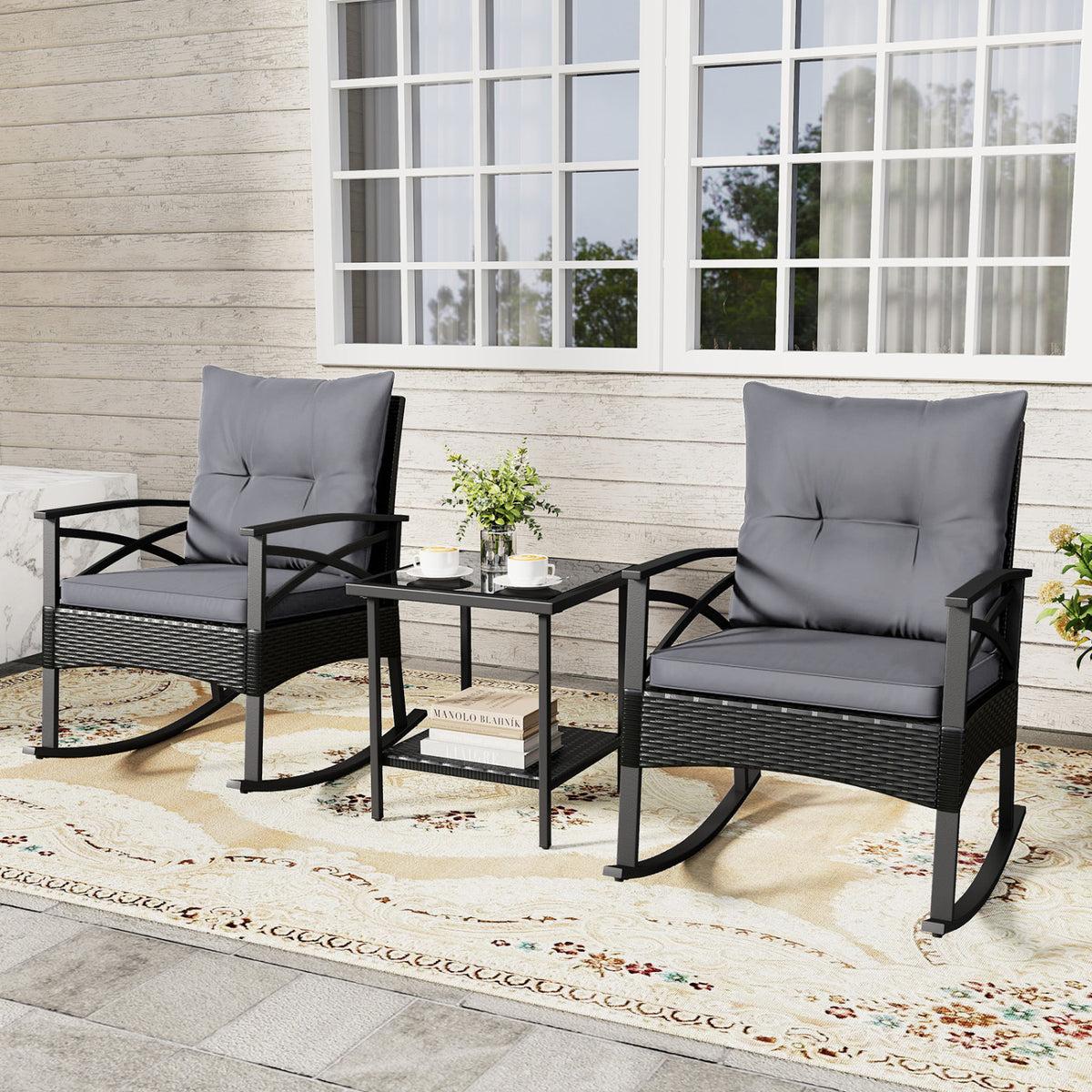 3 Pieces Outdoor Rattan Rocking Chairs Set with 2-Tier Side Table for Garden Backyard-Black and Gray