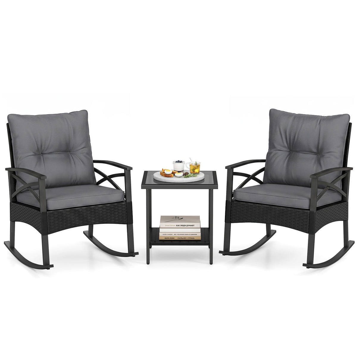 3 Pieces Outdoor Rattan Rocking Chairs Set with 2-Tier Side Table for Garden Backyard-Black and Gray