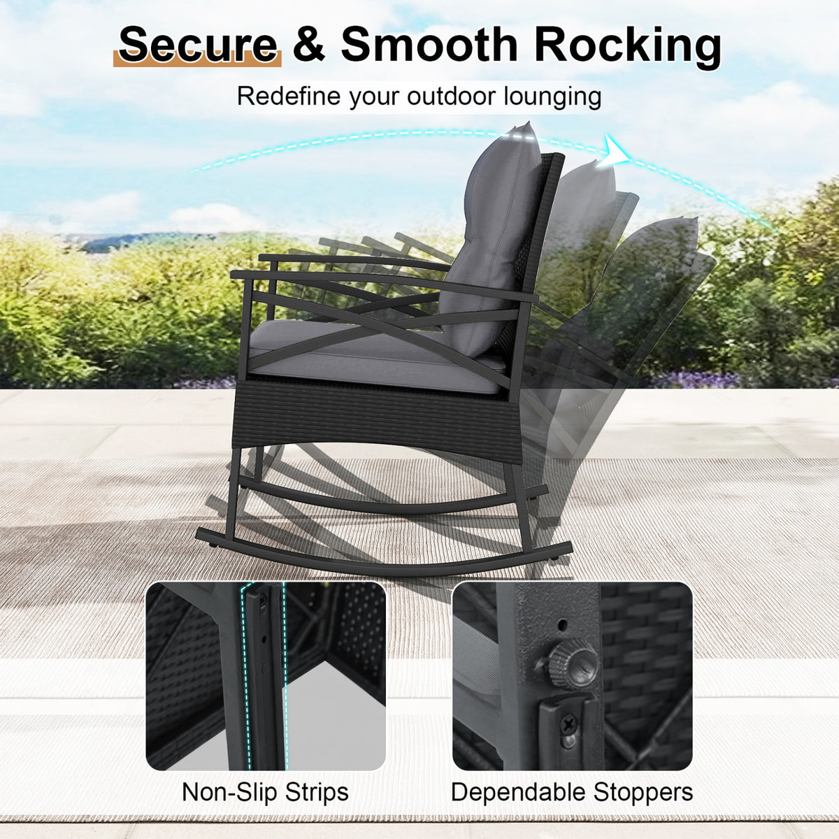 3 Pieces Outdoor Rattan Rocking Chairs Set with 2-Tier Side Table for Garden Backyard-Black and Gray