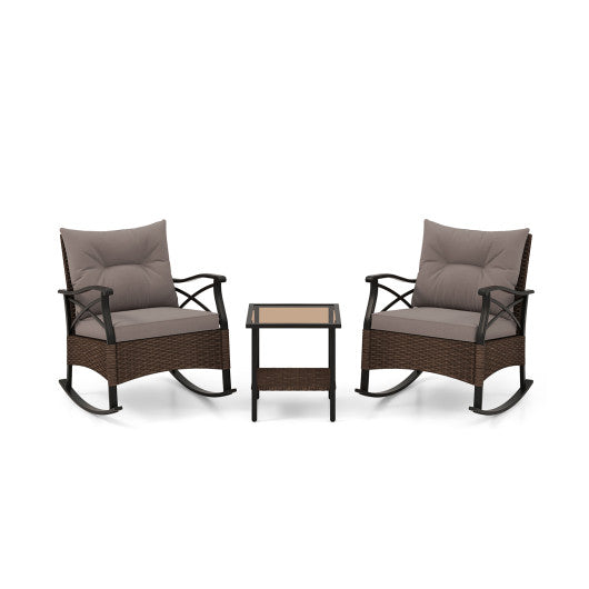 3 Pieces Outdoor Rattan Rocking Chairs Set with 2-Tier Side Table for Garden Backyard-Brown