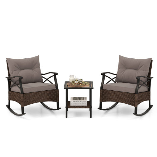 3 Pieces Outdoor Rattan Rocking Chairs Set with 2-Tier Side Table for Garden Backyard-Brown