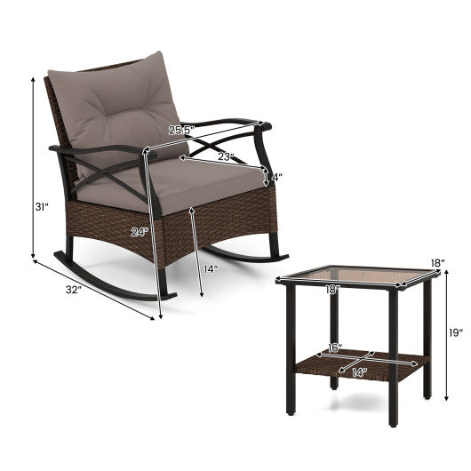 3 Pieces Outdoor Rattan Rocking Chairs Set with 2-Tier Side Table for Garden Backyard-Brown