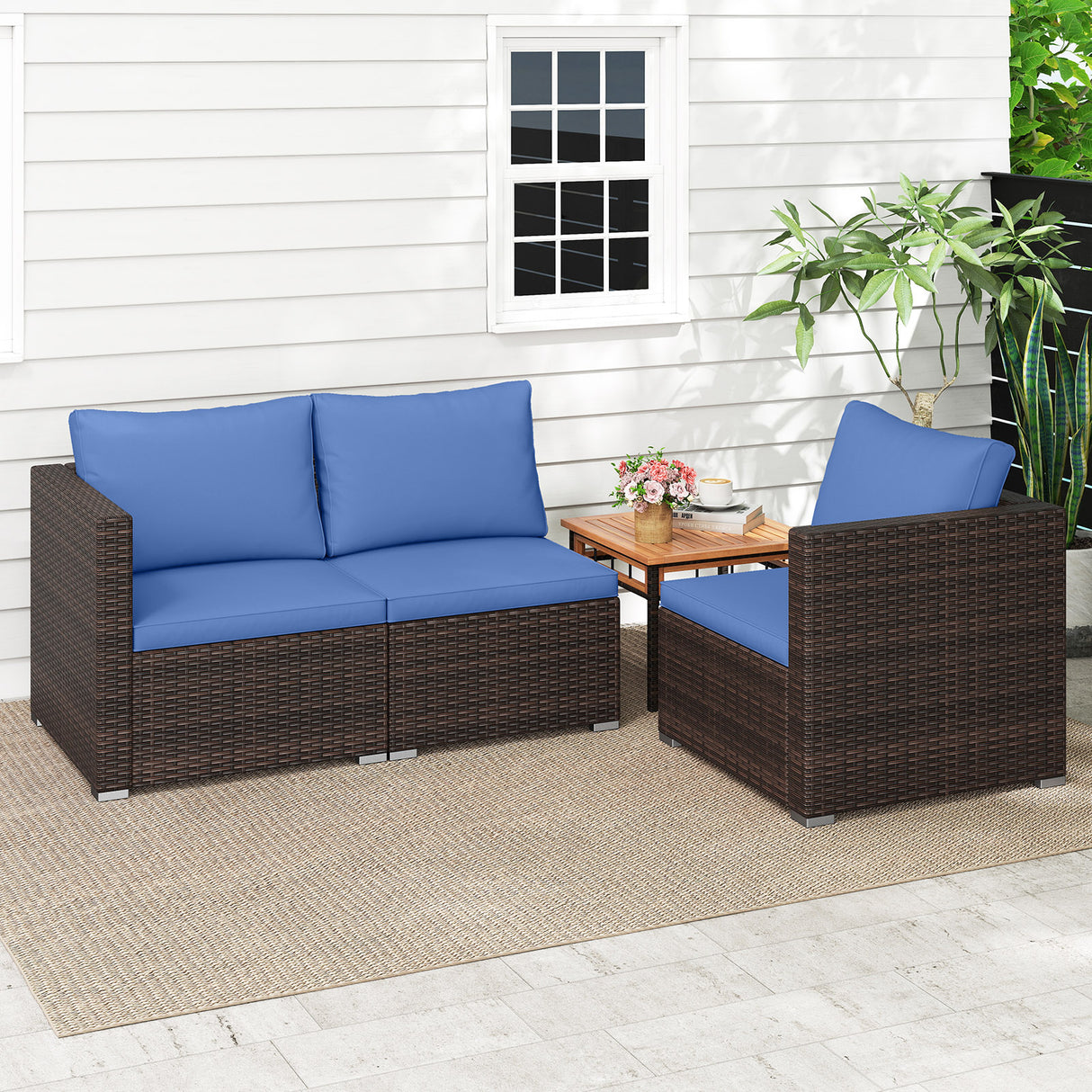3 Pieces Outdoor Sectional Sofa Set with Soft Cushions-Navy