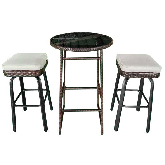 3 Pieces Outdoor Swivel Bar Set PE Rattan Bar Height Table with 2 Chairs-White