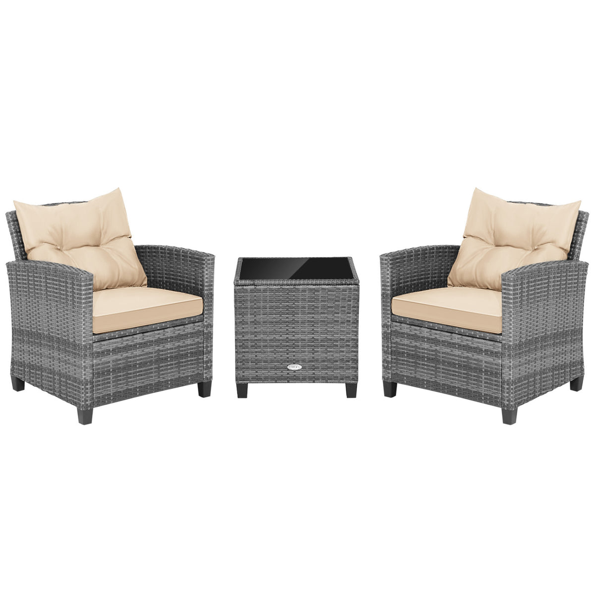 3 Pieces Outdoor Wicker Conversation Set with Tempered Glass Tabletop-Beige