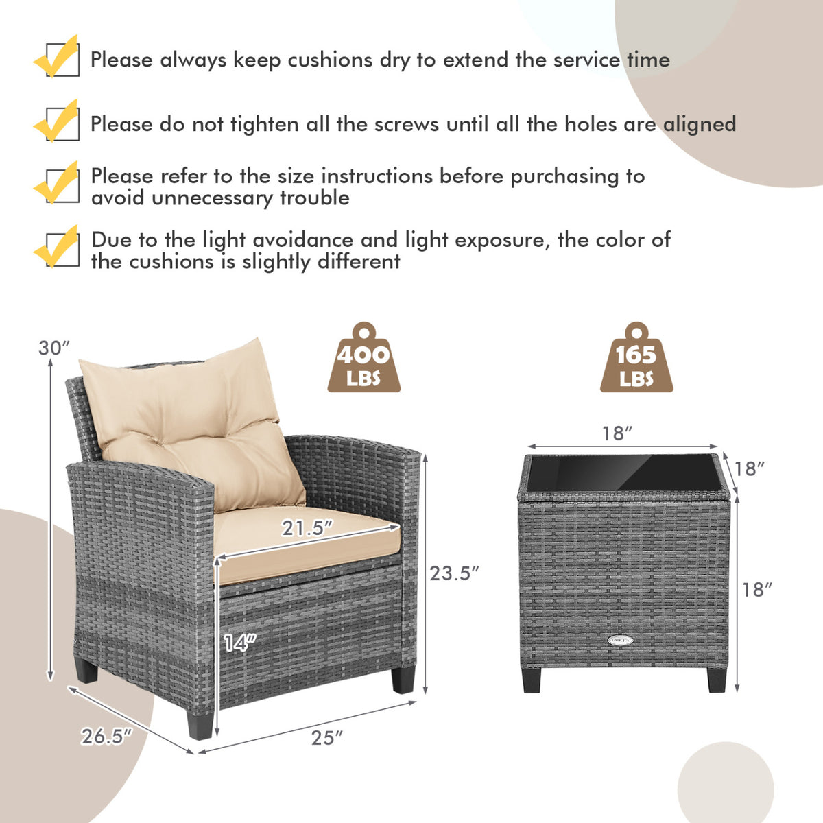 3 Pieces Outdoor Wicker Conversation Set with Tempered Glass Tabletop-Beige