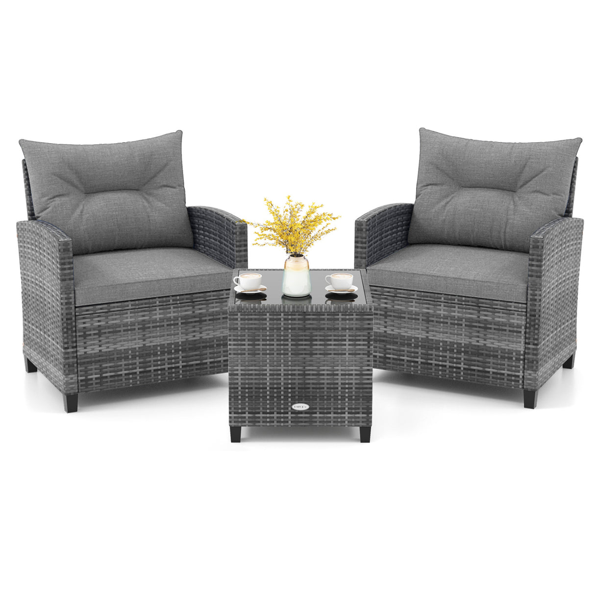 3 Pieces Outdoor Wicker Conversation Set with Tempered Glass Tabletop-Gray