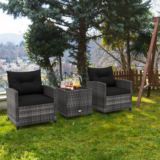 3 Pieces Outdoor Wicker Conversation Set with Tempered Glass Tabletop-Black