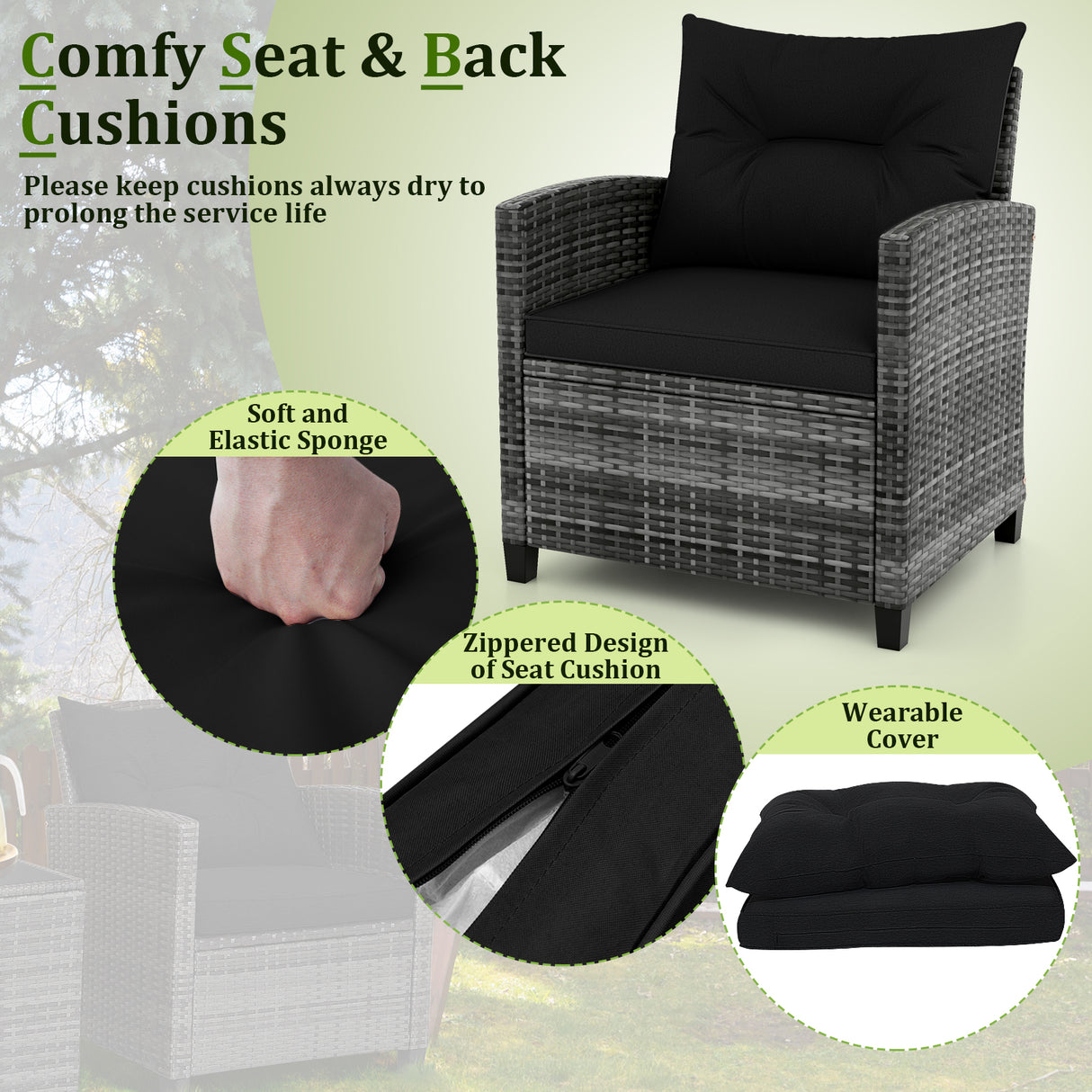 3 Pieces Outdoor Wicker Conversation Set with Tempered Glass Tabletop-Black