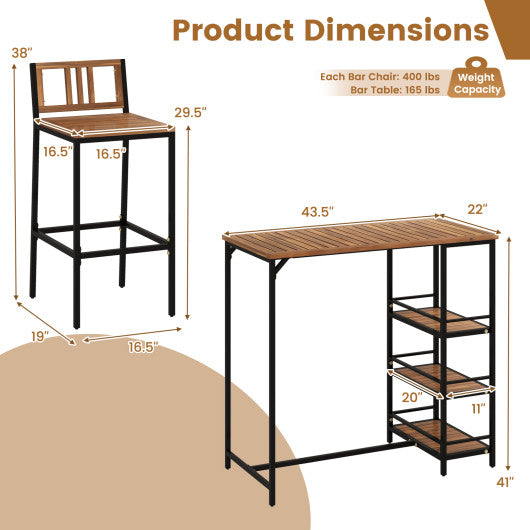 3 Pieces Outdoor Wood Bar Set with 3-Tier Storage Shelf and Metal Frame