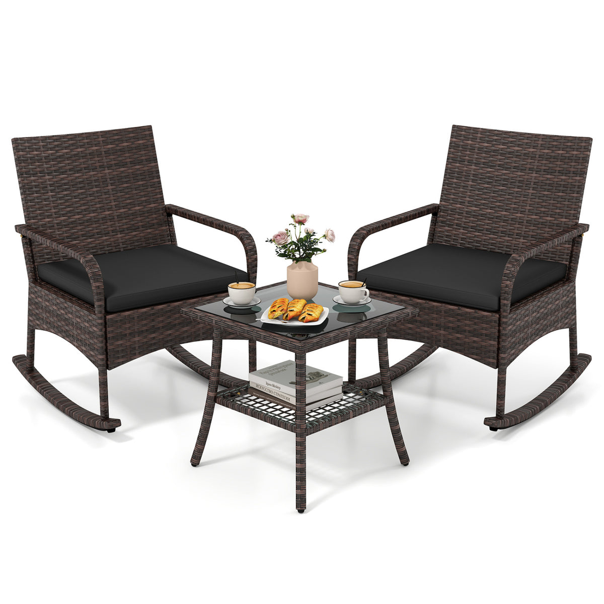 3 Pieces PE Wicker Rocking Bistro Set with 2-Tier Side Table Cushions and Ergonomic Armchairs for Porch-Black
