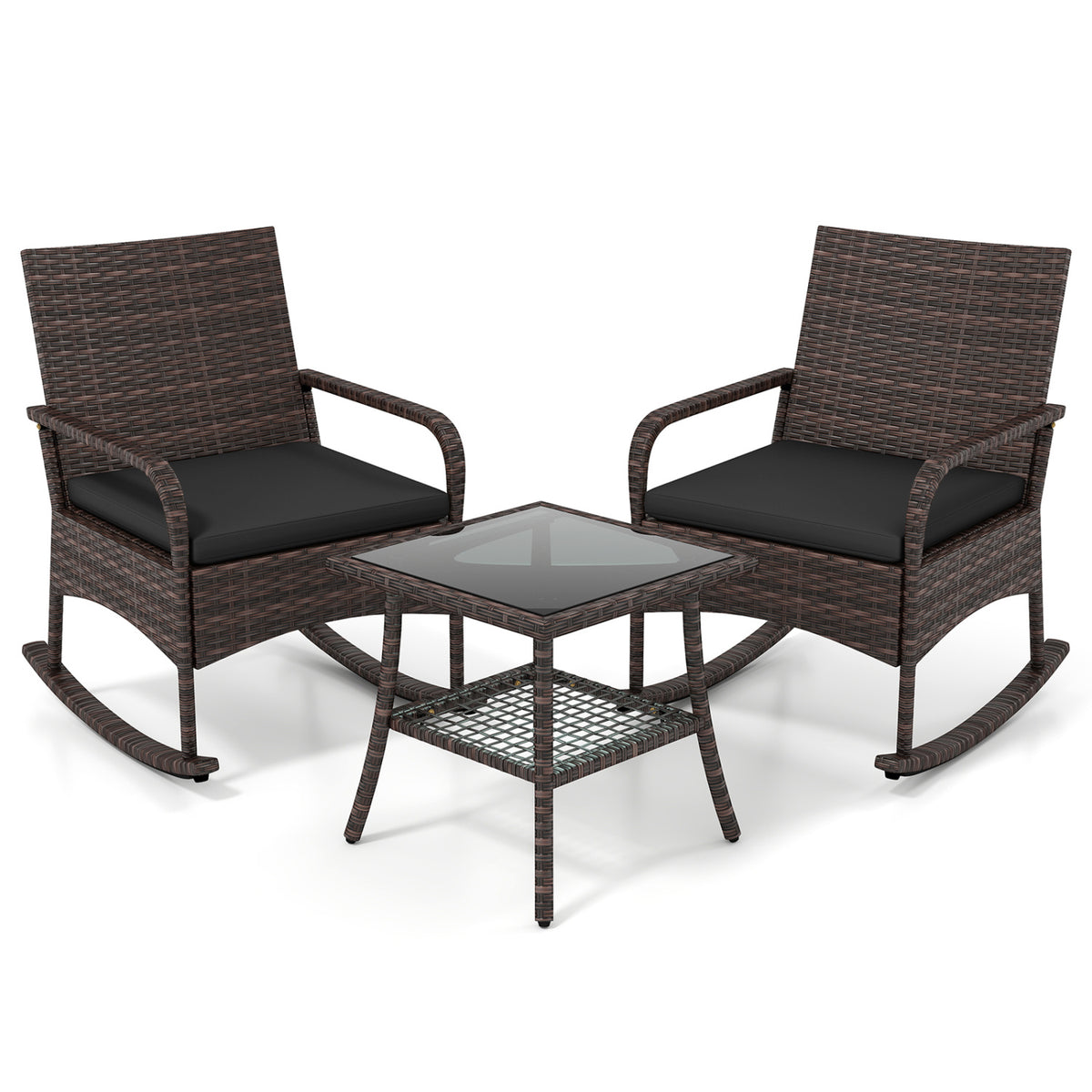3 Pieces PE Wicker Rocking Bistro Set with 2-Tier Side Table Cushions and Ergonomic Armchairs for Porch-Black