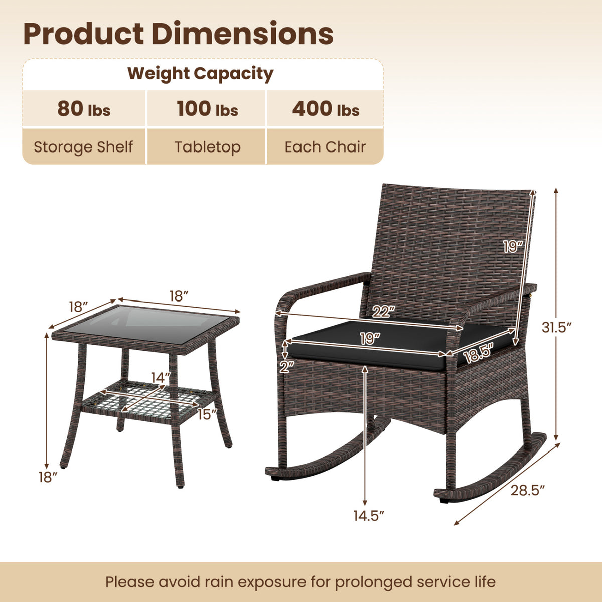 3 Pieces PE Wicker Rocking Bistro Set with 2-Tier Side Table Cushions and Ergonomic Armchairs for Porch-Black