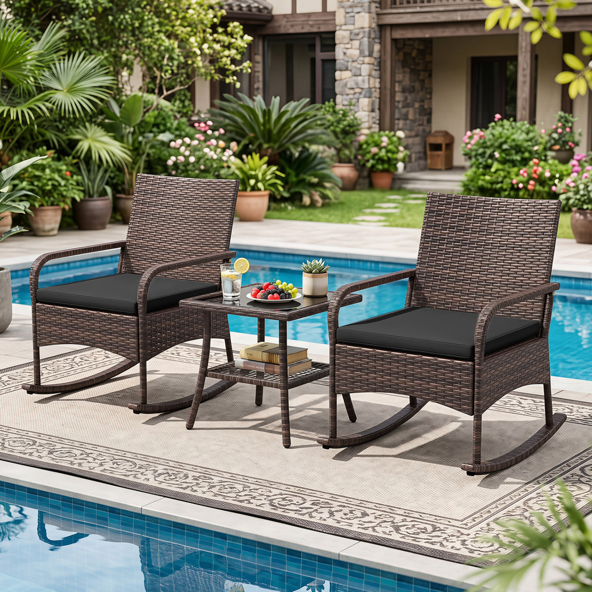 3 Pieces PE Wicker Rocking Bistro Set with 2-Tier Side Table Cushions and Ergonomic Armchairs for Porch-Black