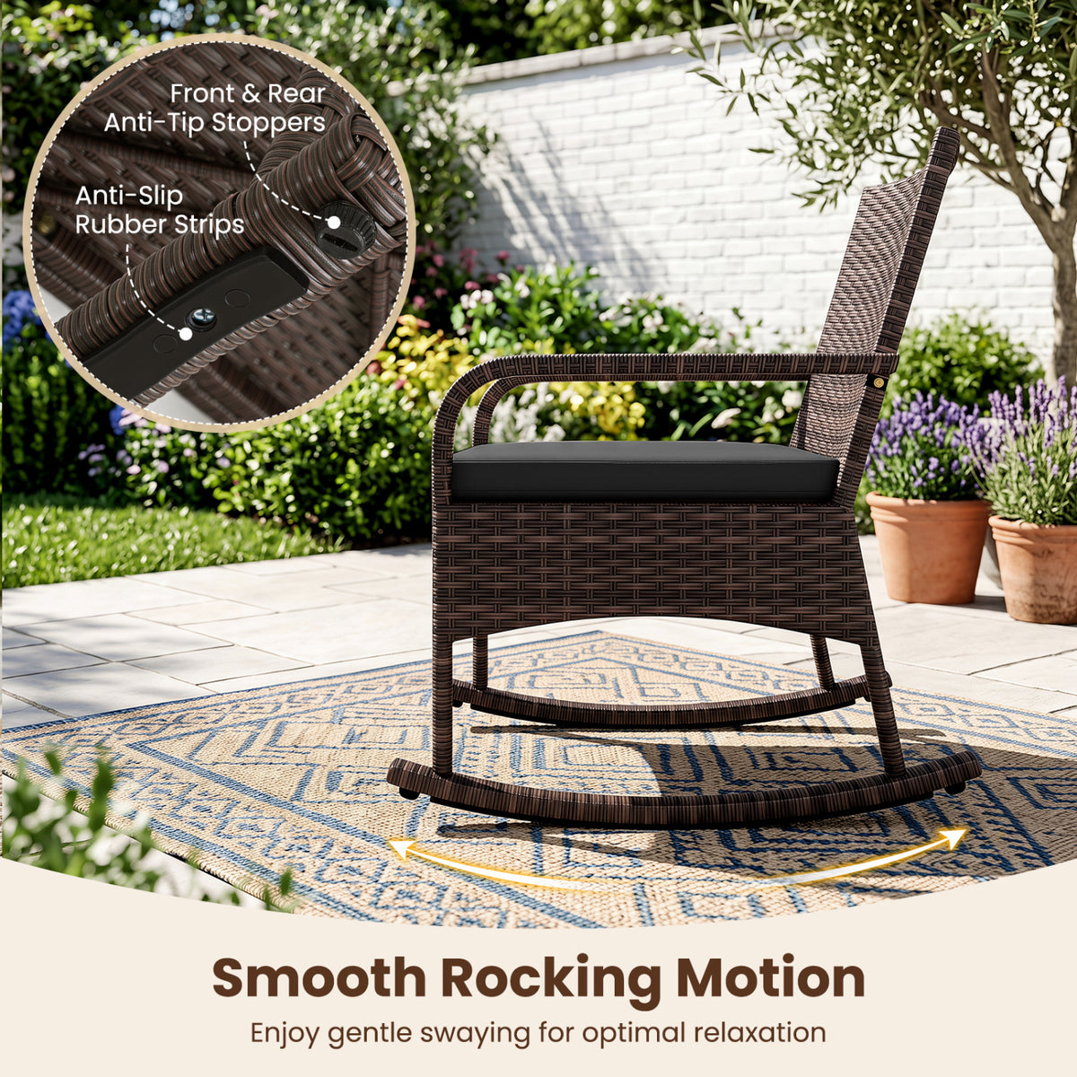3 Pieces PE Wicker Rocking Bistro Set with 2-Tier Side Table Cushions and Ergonomic Armchairs for Porch-Black