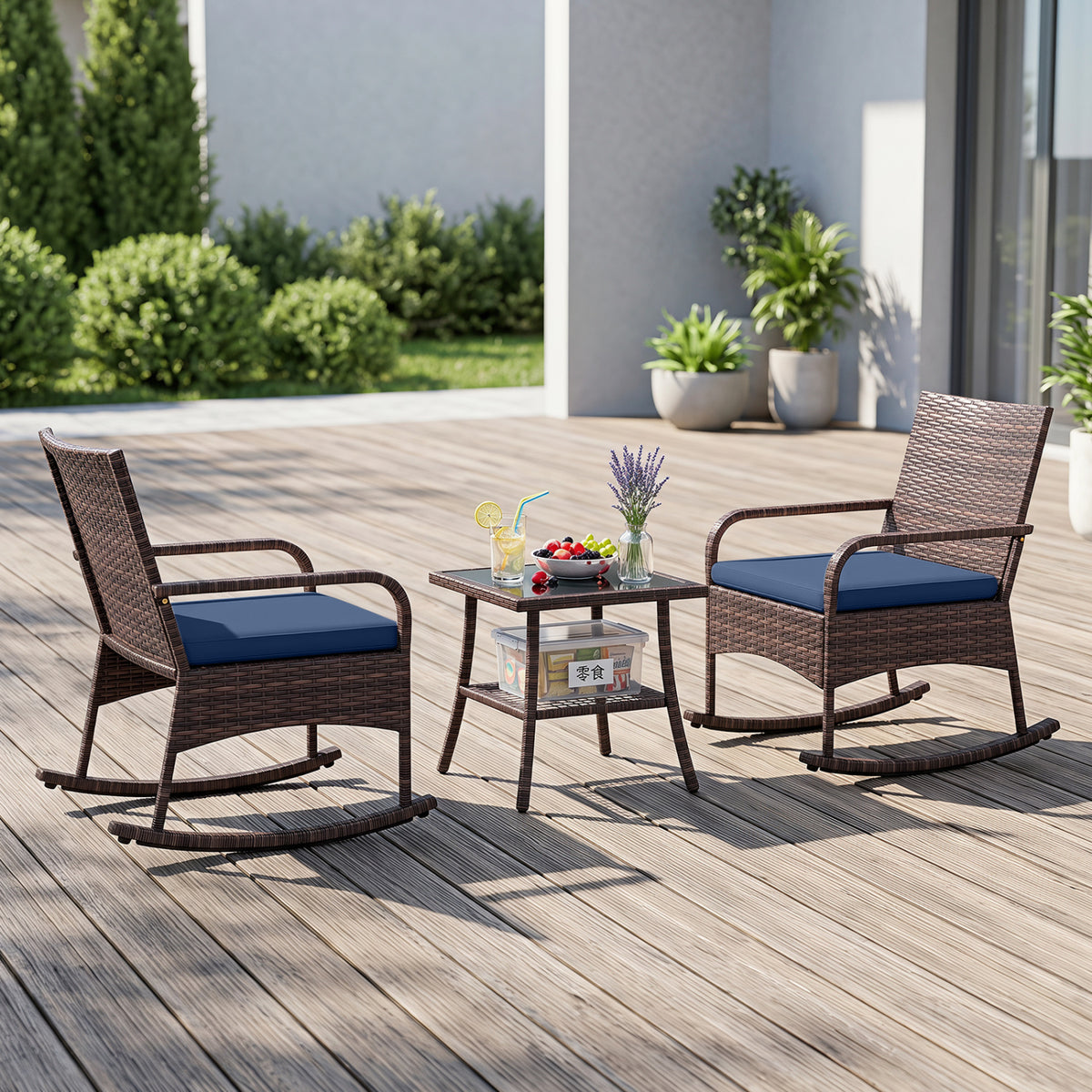 3 Pieces PE Wicker Rocking Bistro Set with 2-Tier Side Table Cushions and Ergonomic Armchairs for Porch-Navy