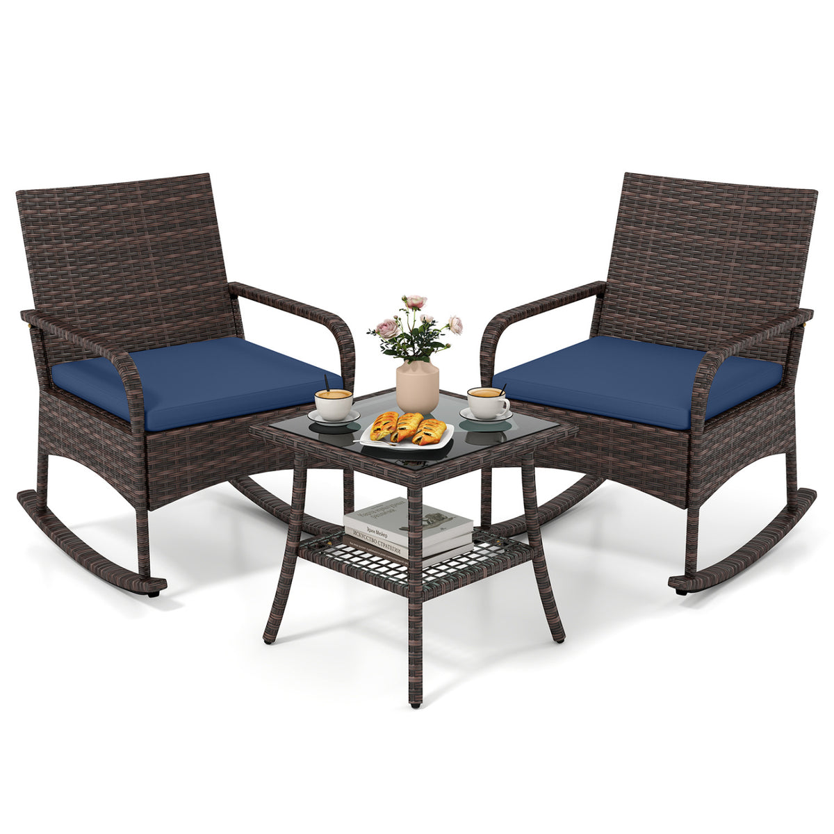 3 Pieces PE Wicker Rocking Bistro Set with 2-Tier Side Table Cushions and Ergonomic Armchairs for Porch-Navy