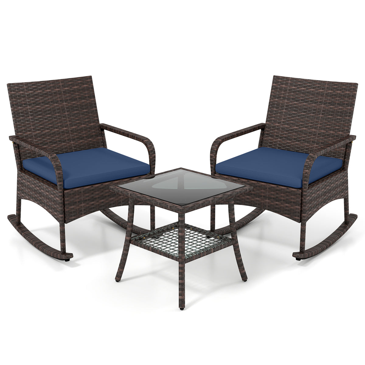3 Pieces PE Wicker Rocking Bistro Set with 2-Tier Side Table Cushions and Ergonomic Armchairs for Porch-Navy