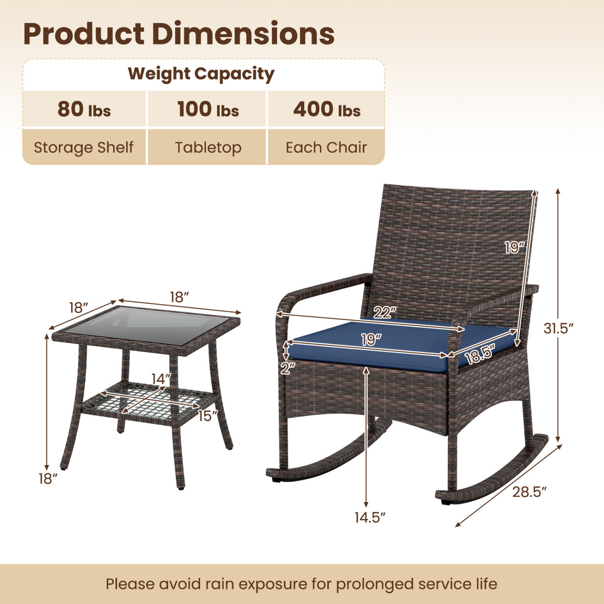 3 Pieces PE Wicker Rocking Bistro Set with 2-Tier Side Table Cushions and Ergonomic Armchairs for Porch-Navy